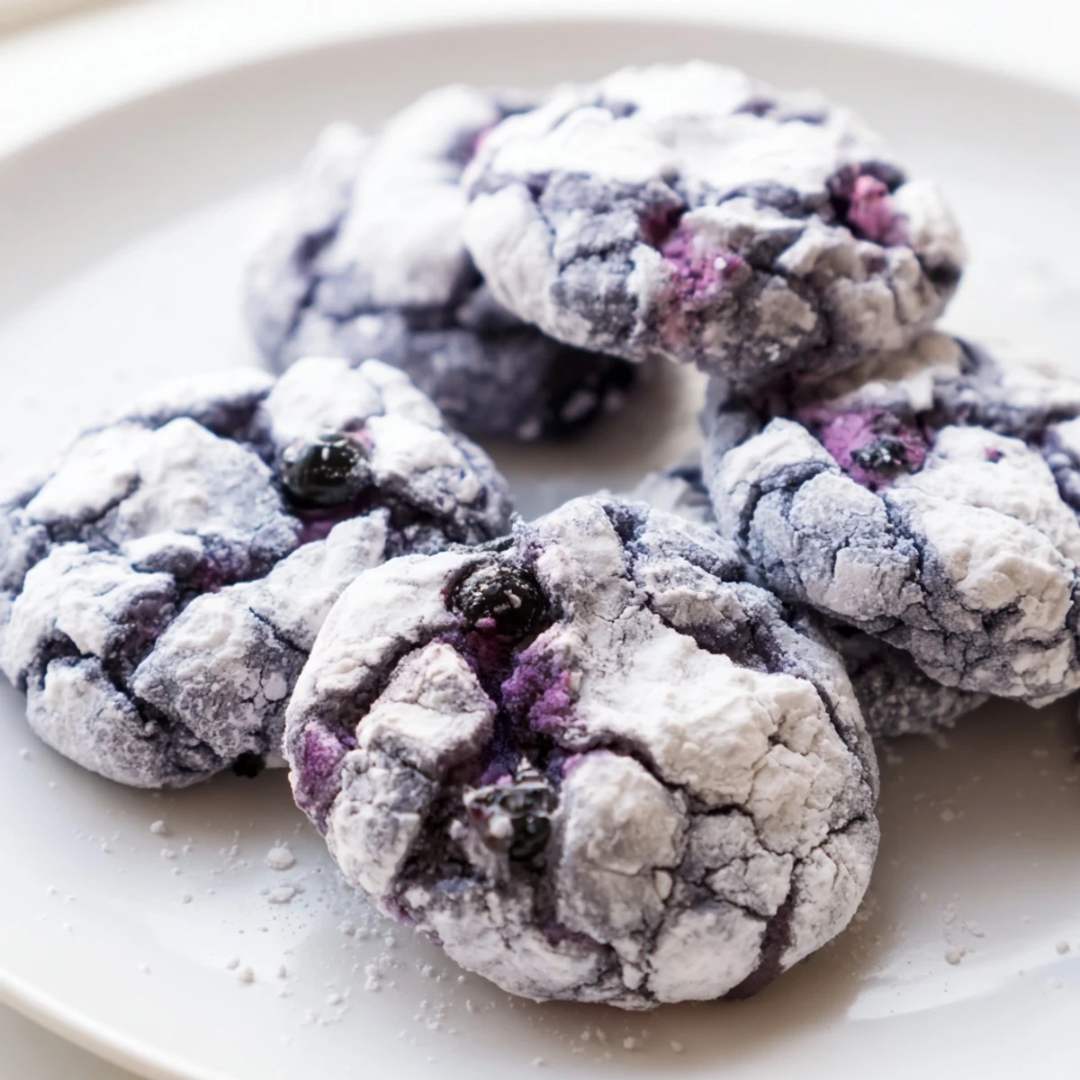 Golden-edged blueberry crinkle cookies showing characteristic cracks dusted with white powdered sugar
