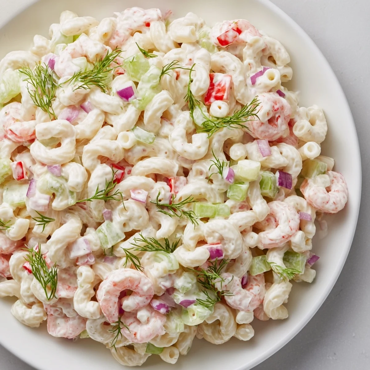 Chilled shrimp macaroni salad with colorful diced vegetables in tangy dressing on a plate