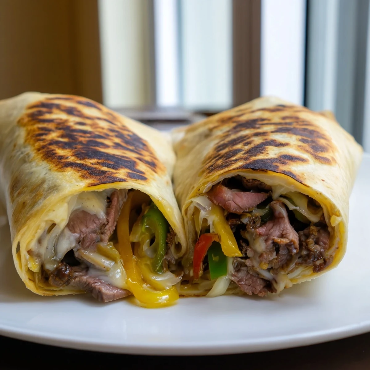 Golden crispy Philly cheesesteak grilled wraps sliced open showing melted provolone and tender steak