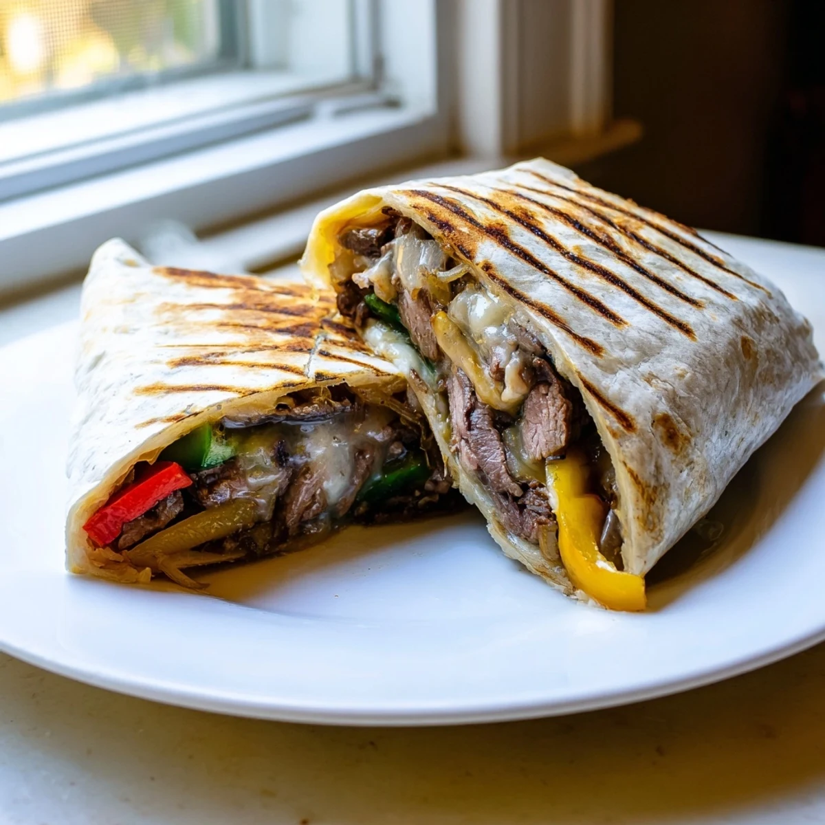 Philly cheesesteak grilled wraps with caramelized peppers and onions oozing with melted provolone cheese