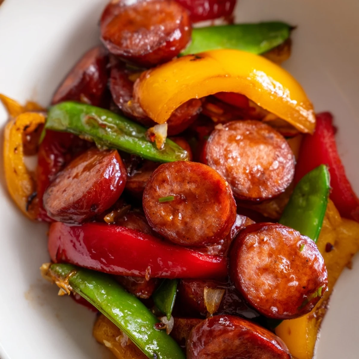 Golden honey garlic kielbasa and colorful veggies glisten in a cast iron skillet