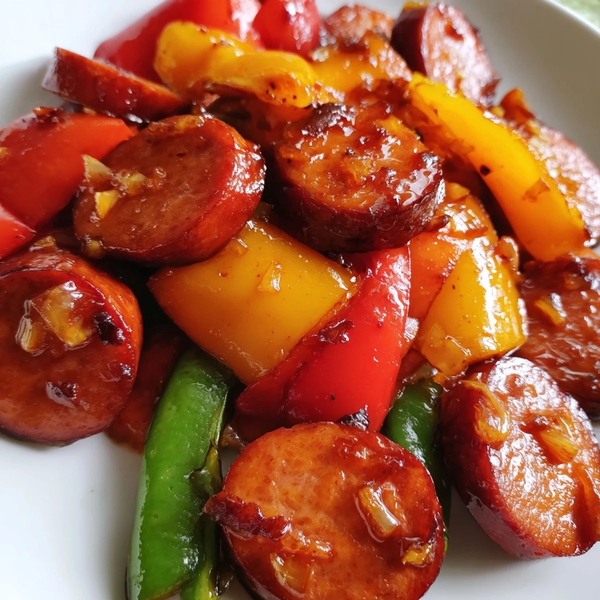 Sliced kielbasa nestled among tender bell peppers and zucchini in sticky honey garlic glaze