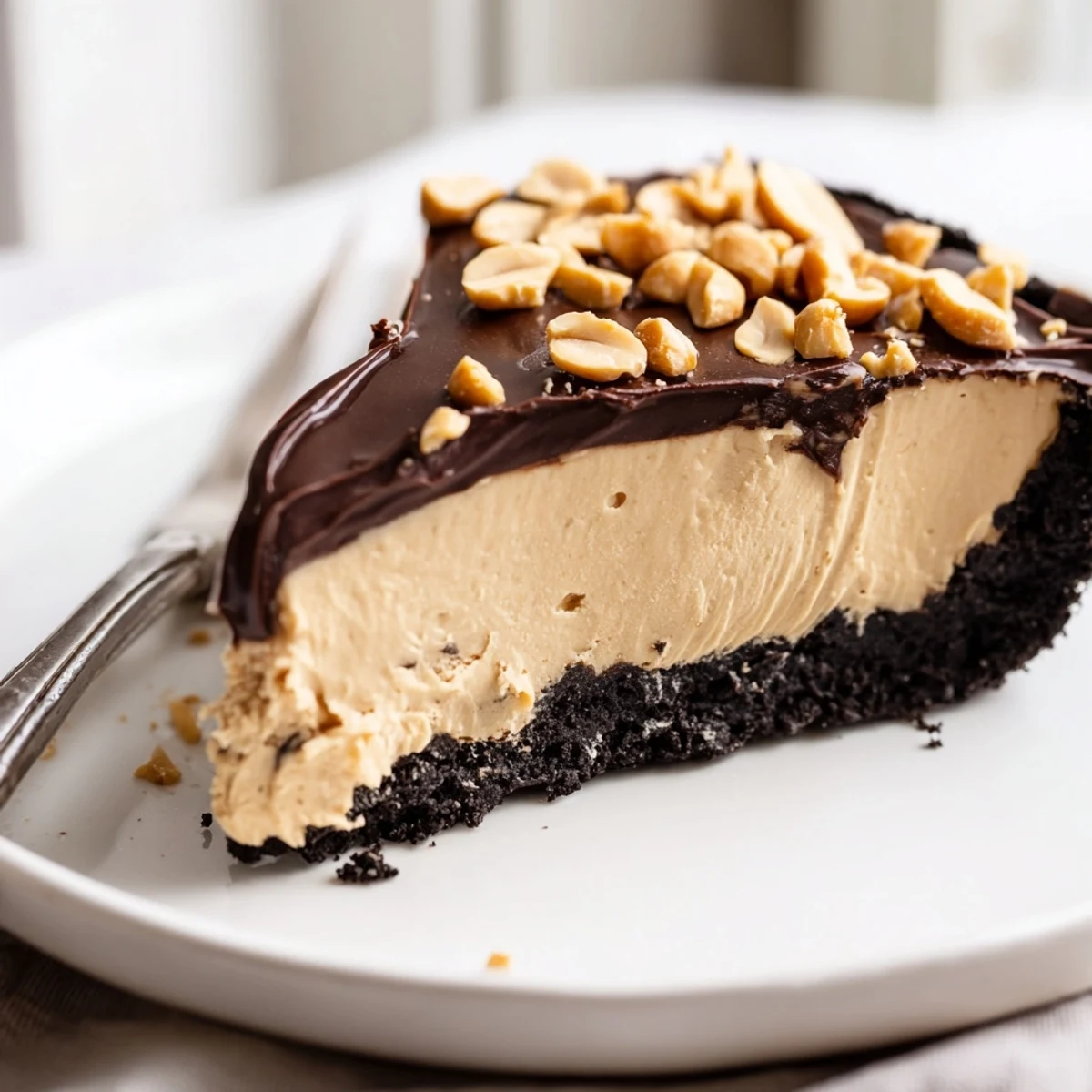 Creamy no bake peanut butter pie sliced and topped with chocolate ganache drizzle