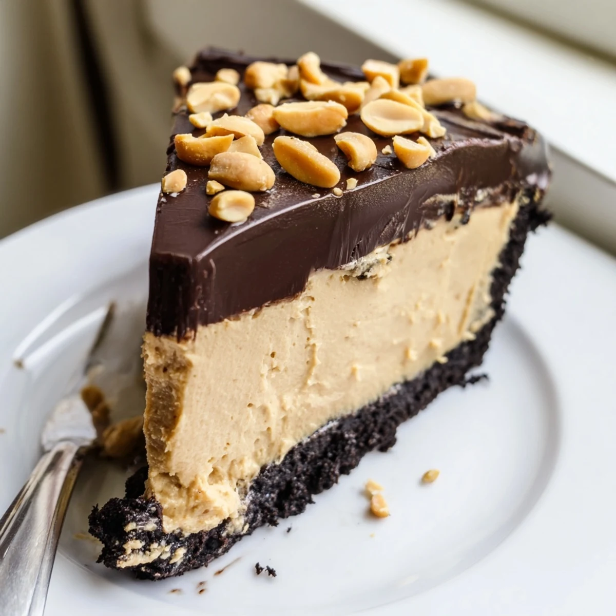 No bake peanut butter pie filling piled high in dark chocolate cookie crust