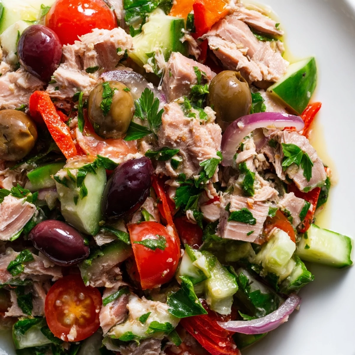 Crisp cucumber and red peppers tossed through flaked tuna in bright lemon dressing