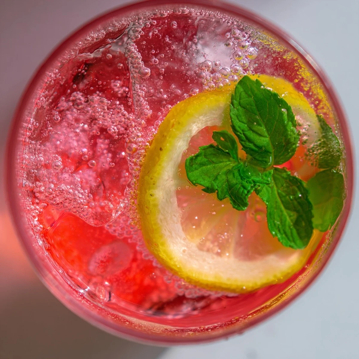 Refreshing honey lemon pink soda in ice-filled glasses with lemon slices and mint garnish