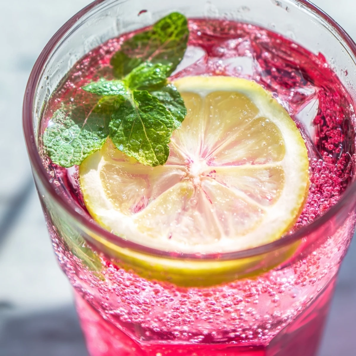 Sparkling honey lemon pink soda with bubbles rising beside fresh mint leaves