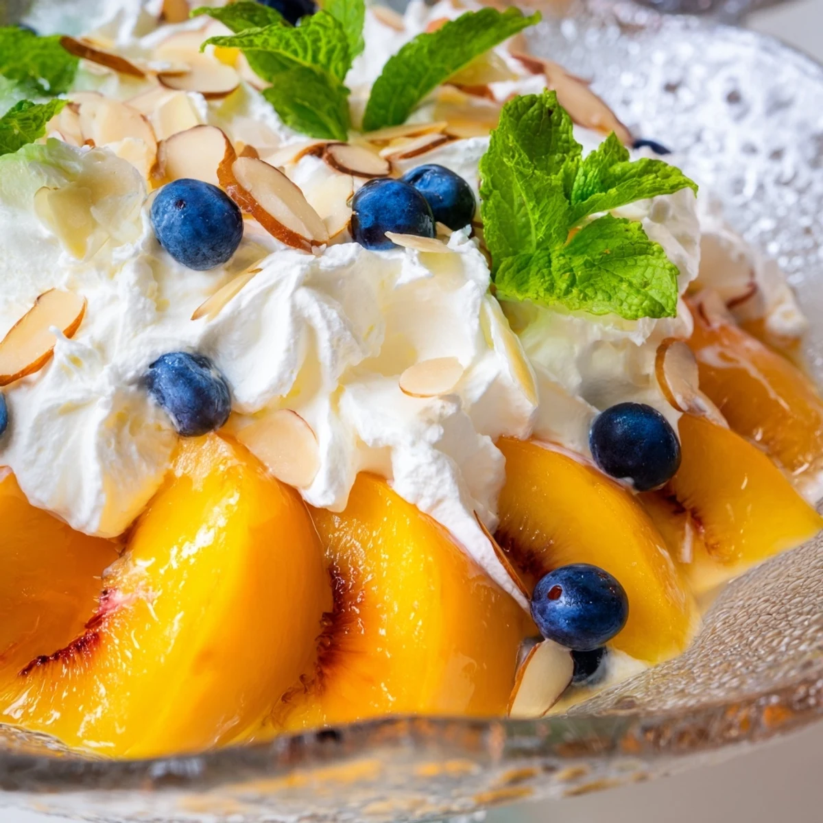 Chilled Peaches and Cream Salad in clear glasses topped with fresh mint leaves