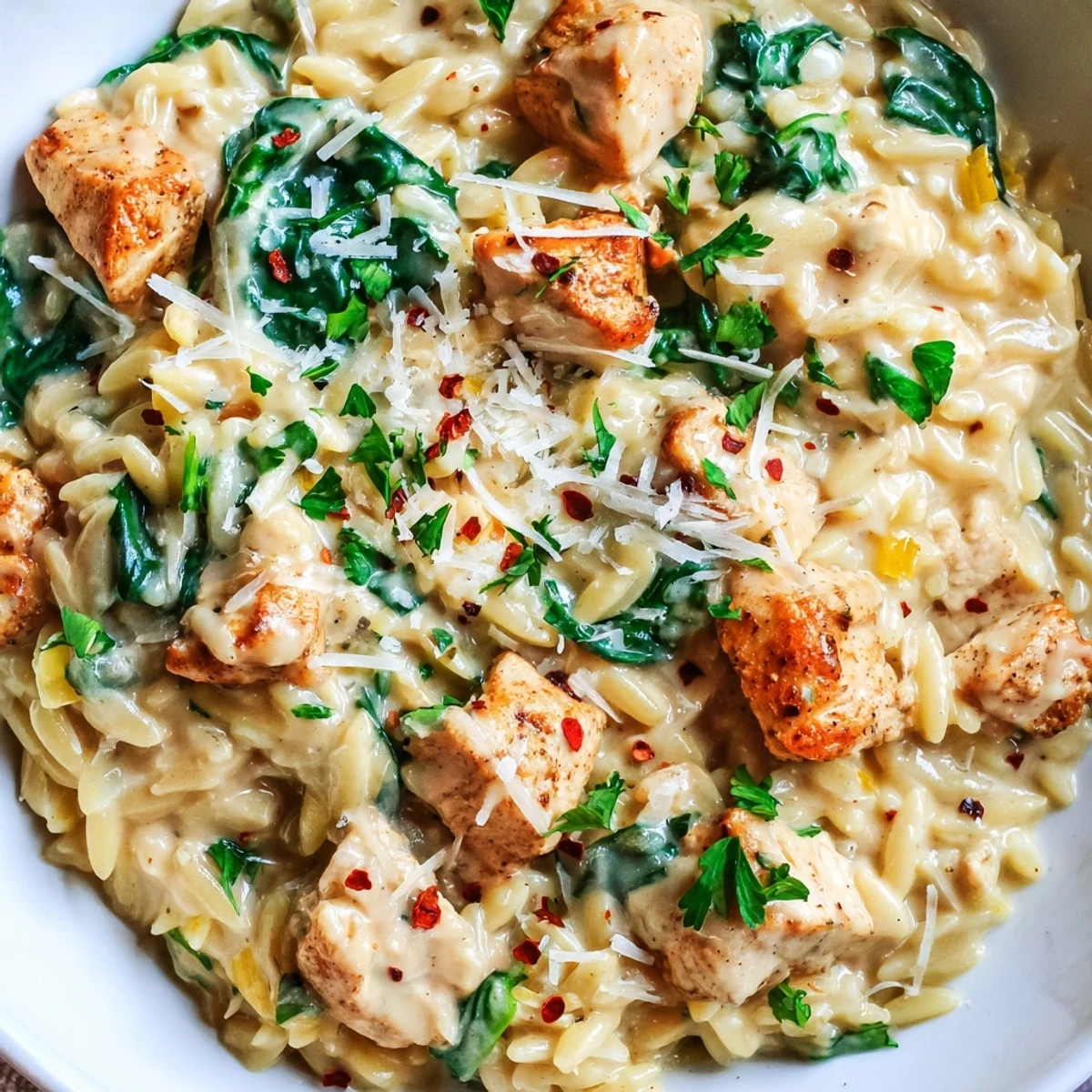 Steaming bowl of One Pot Cajun Chicken Alfredo Orzo with tender meat and rich sauce