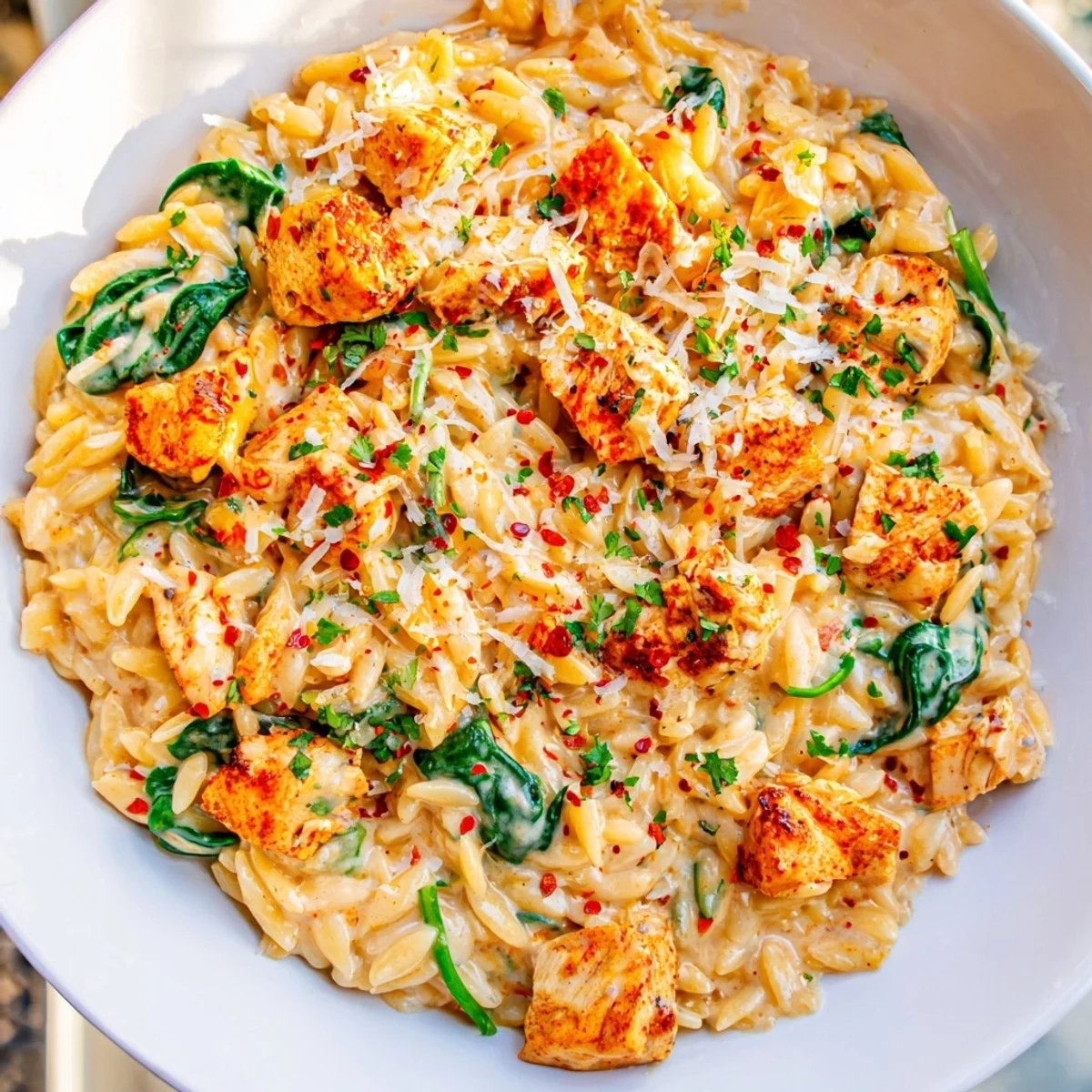 Creamy One Pot Cajun Chicken Alfredo Orzo in a rustic skillet with fresh parsley garnish
