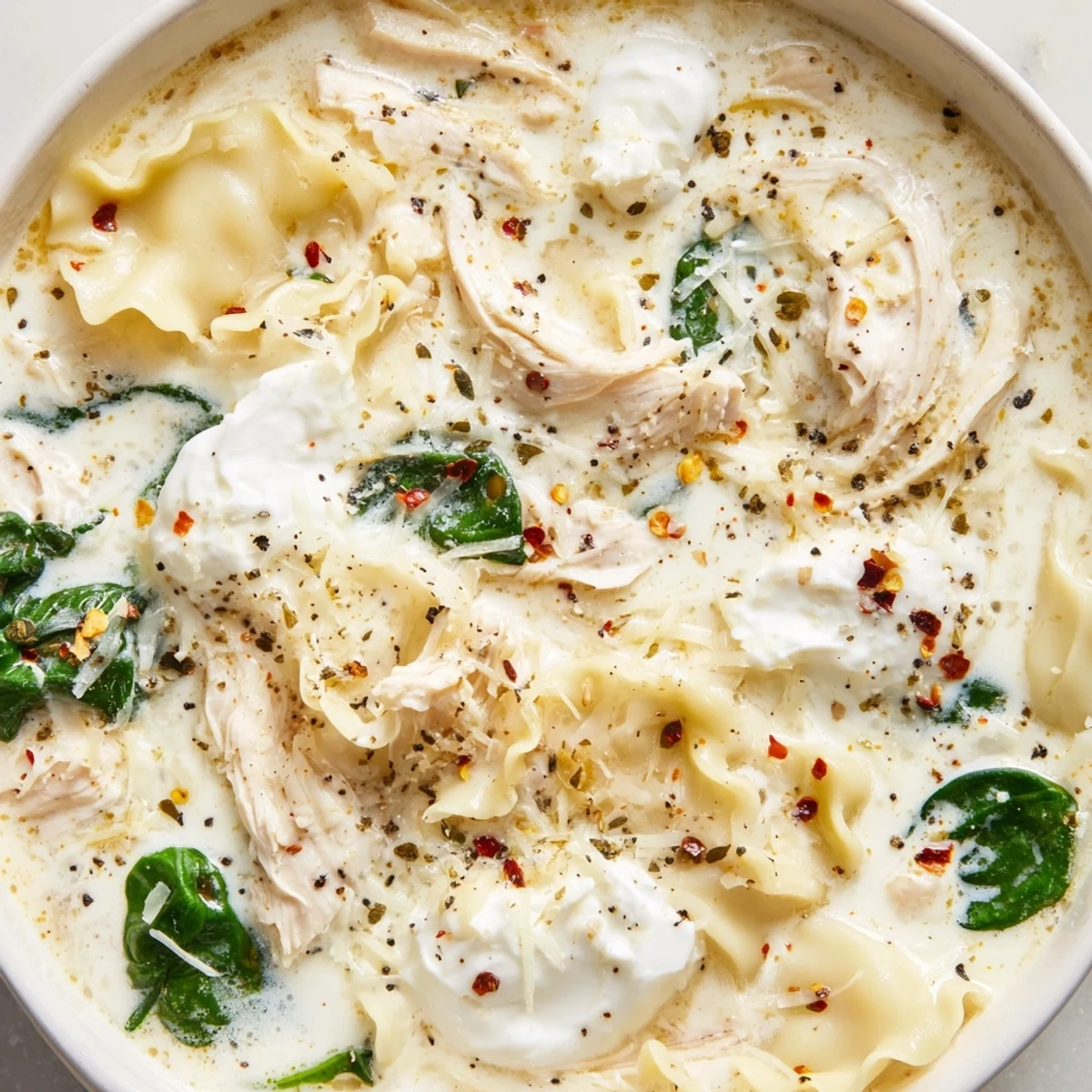 Creamy white lasagna soup with tender noodles, shredded chicken, and melted mozzarella in a white bowl