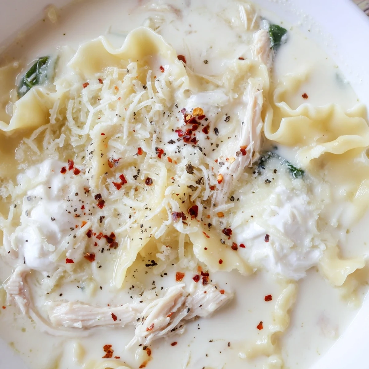 Steaming bowl of white lasagna soup featuring broken noodles, spinach, and rich cheesy broth