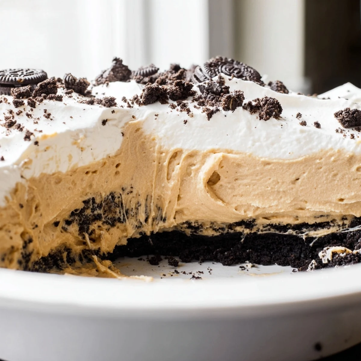 Creamy peanut butter Oreo pie with whipped topping and cookie crumbles on a dessert plate