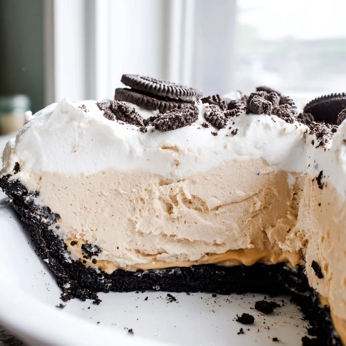 Silky peanut butter filling in chocolate Oreo crust topped with fluffy whipped cream