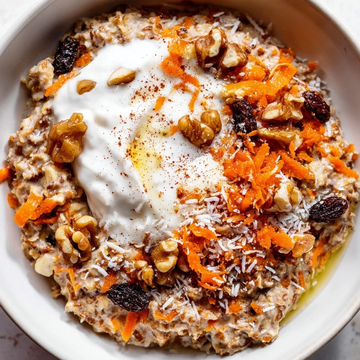 Creamy carrot cake overnight oats topped with chopped walnuts and a sprinkle of cinnamon