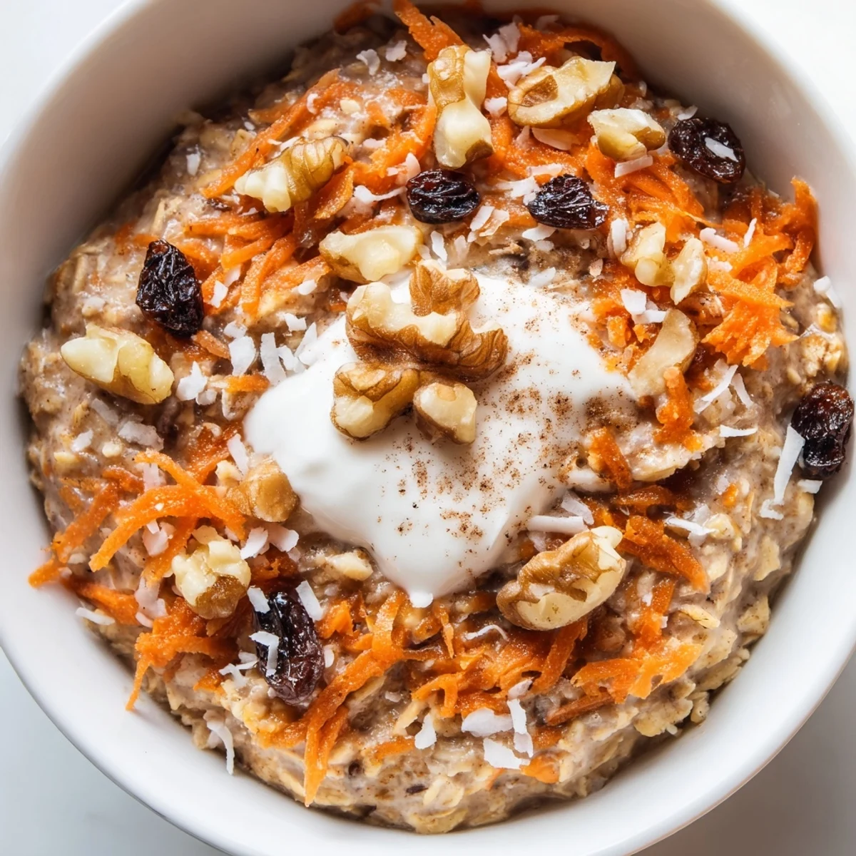 Carrot cake overnight oats in a mason jar with visible grated carrots and raisins