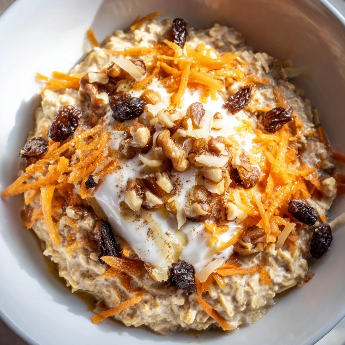 Spiced carrot cake overnight oats served chilled with a drizzle of maple syrup