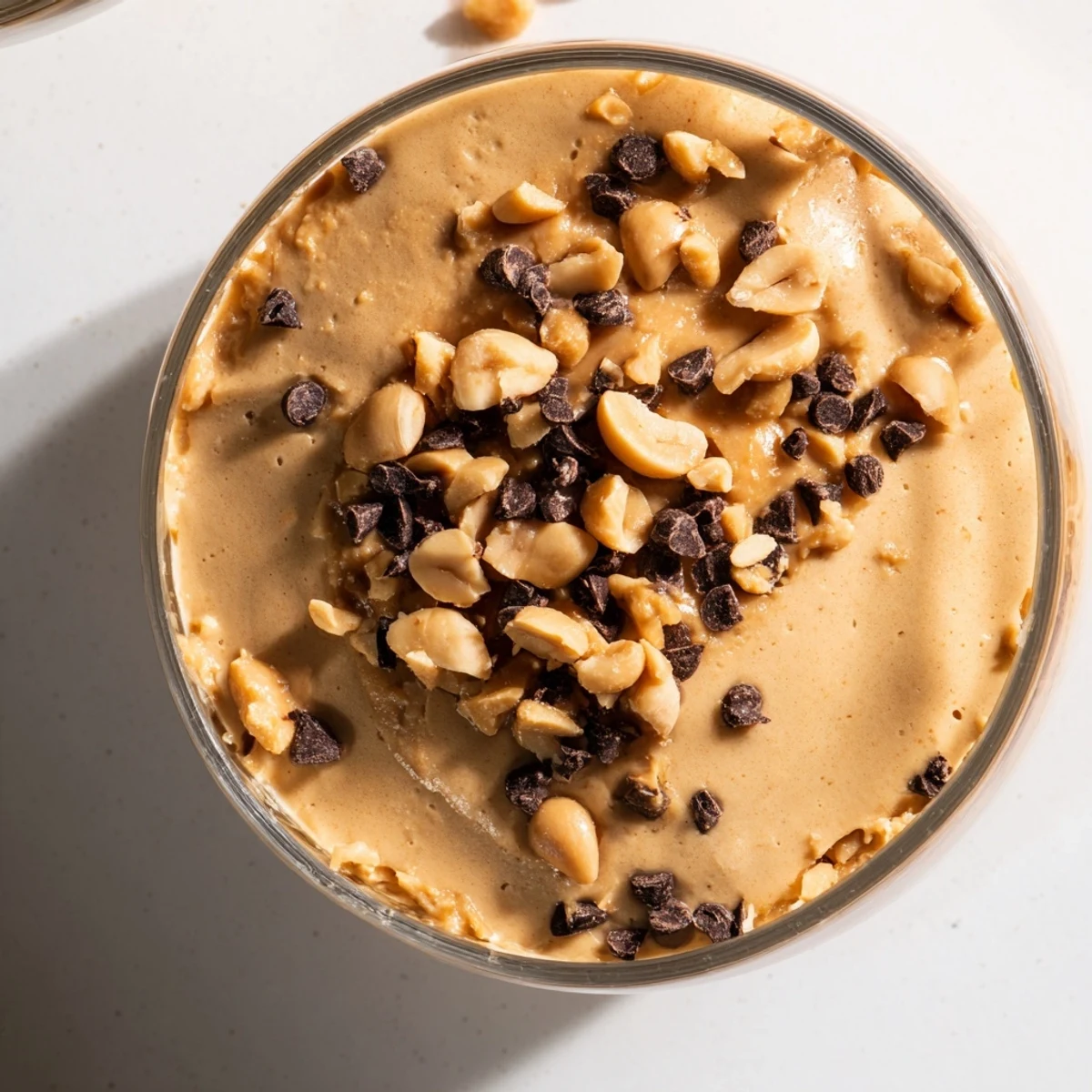 Creamy peanut butter and Cool Whip mousse topped with chocolate shavings and chopped peanuts in glass jars