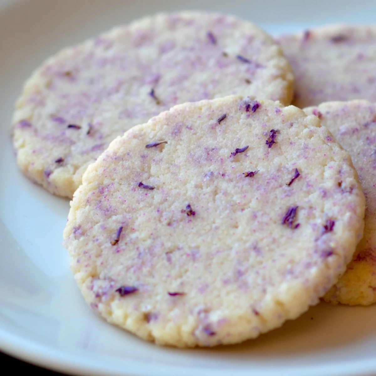 Soft lilac sugar cookies with delicate purple specks arranged on a rustic white serving plate