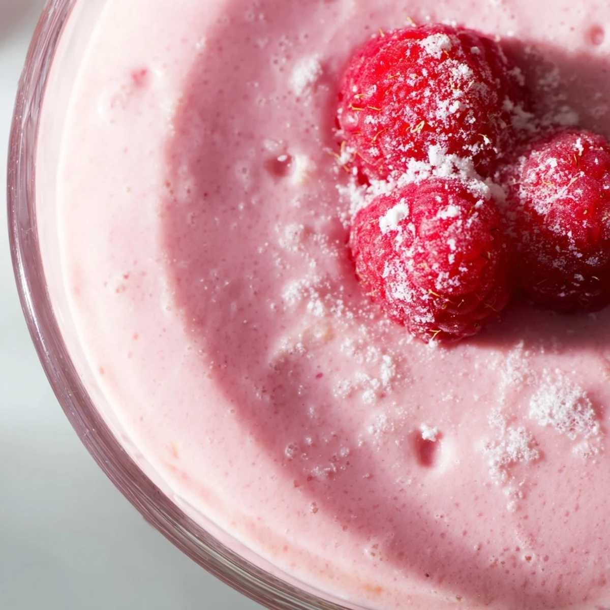 Fluffy fresh raspberry cloud mousse in elegant glass cups topped with bright berries