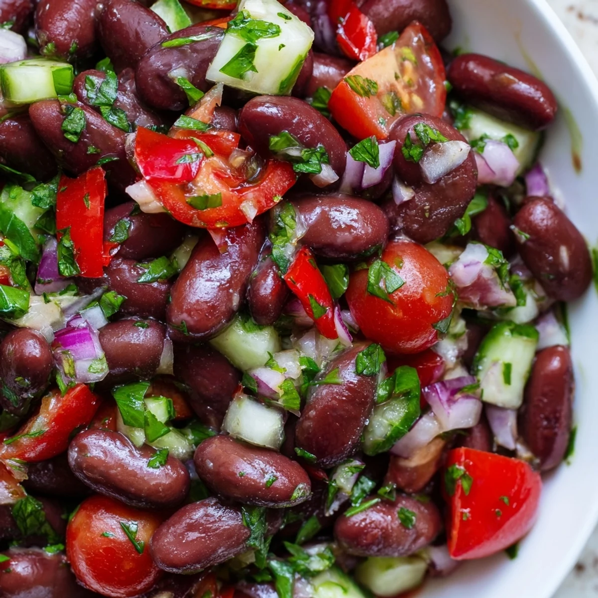 Colorful kidney bean salad in a white bowl with crisp vegetables and fresh herbs
