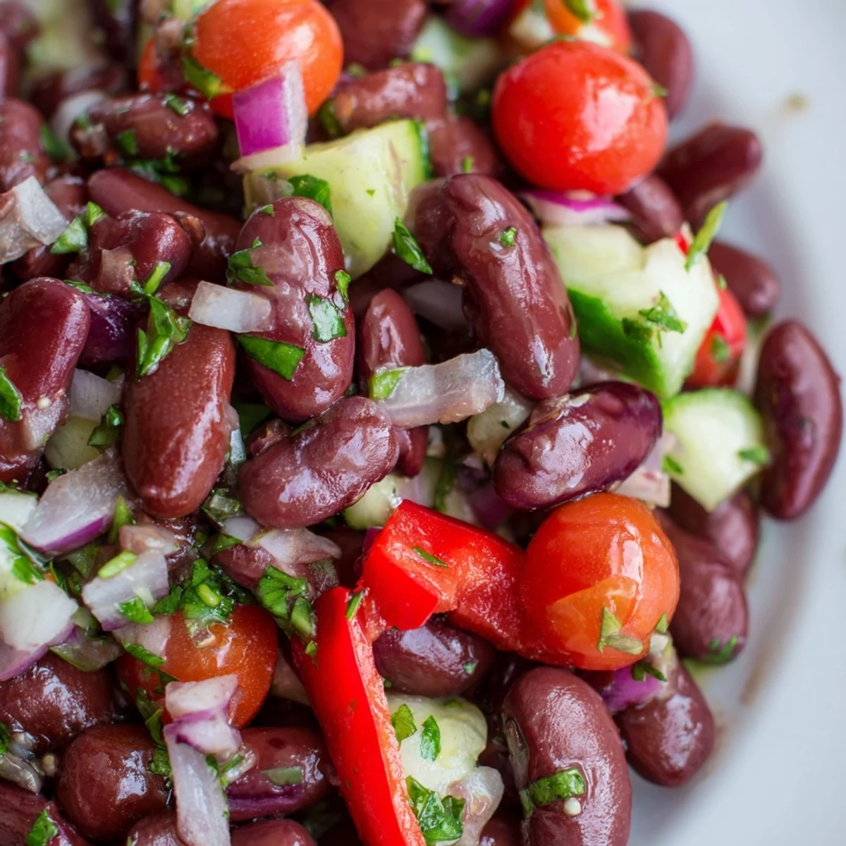 Kidney bean salad topped with diced red peppers and glossy vinaigrette dressing