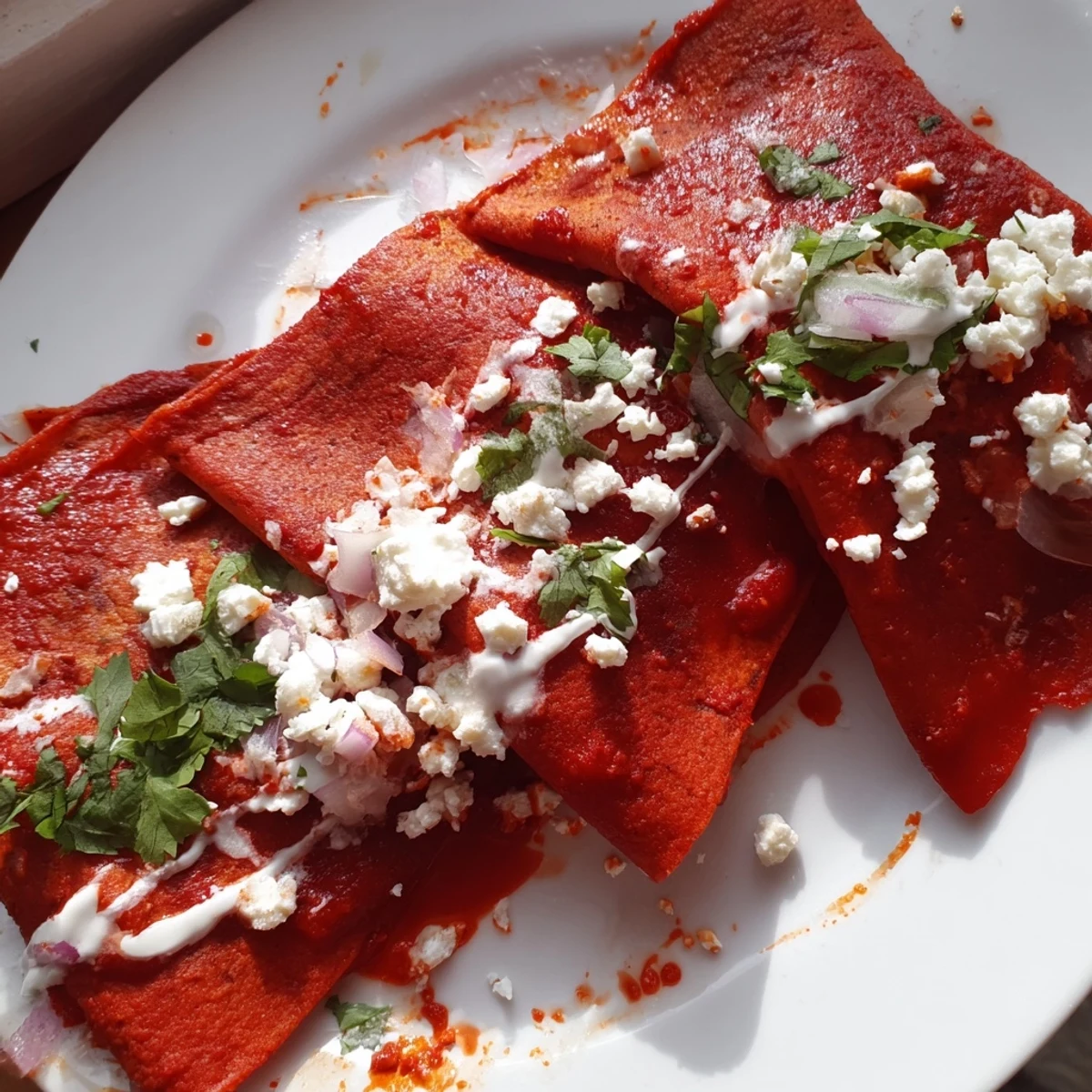 Entomatadas draped in rich red tomato sauce topped with crumbled queso fresco and fresh cilantro