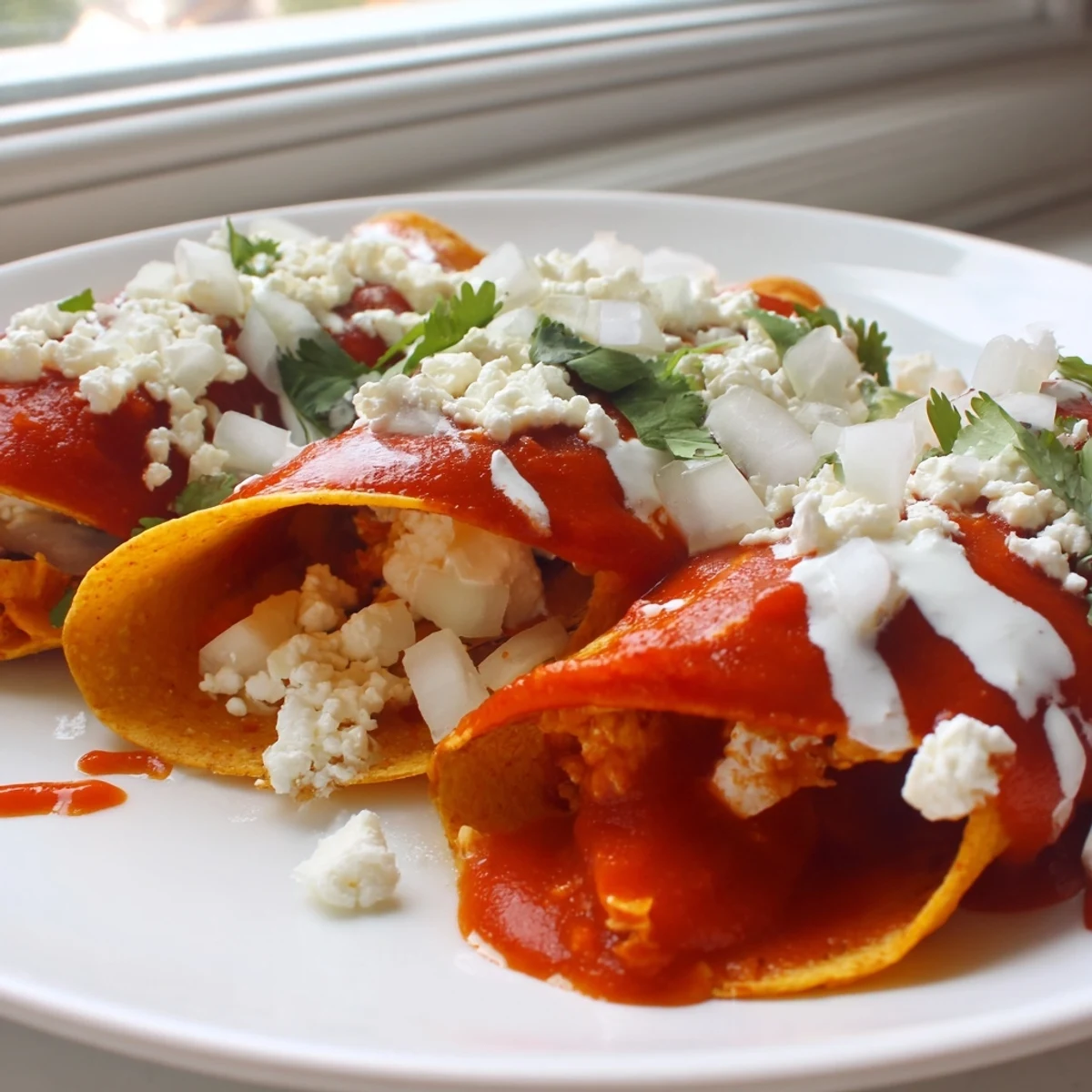 Golden corn tortillas folded into entomatadas swimming in vibrant simmered tomato sauce with crema drizzle