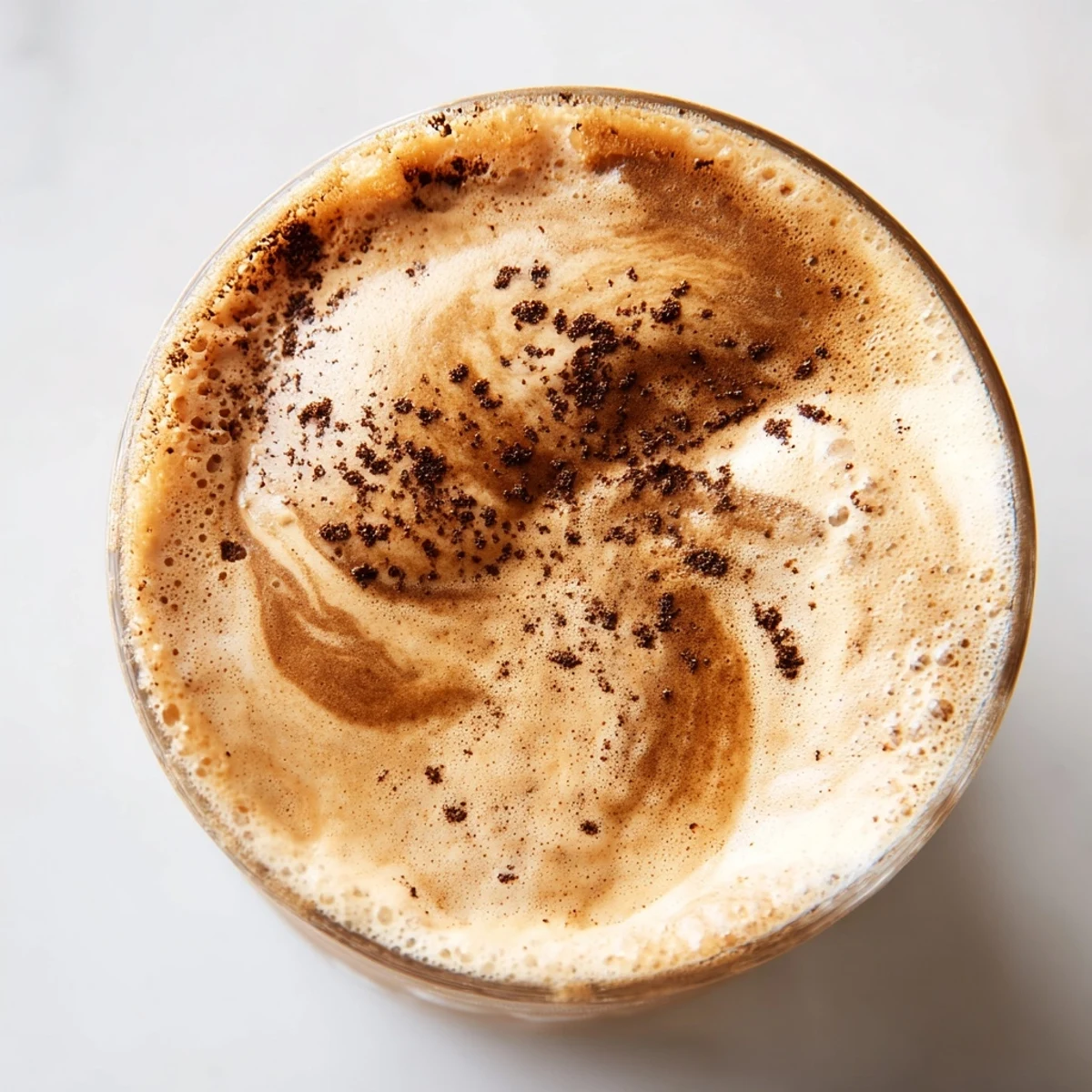 Creamy coffee smoothie topped with chocolate shavings in a clear glass