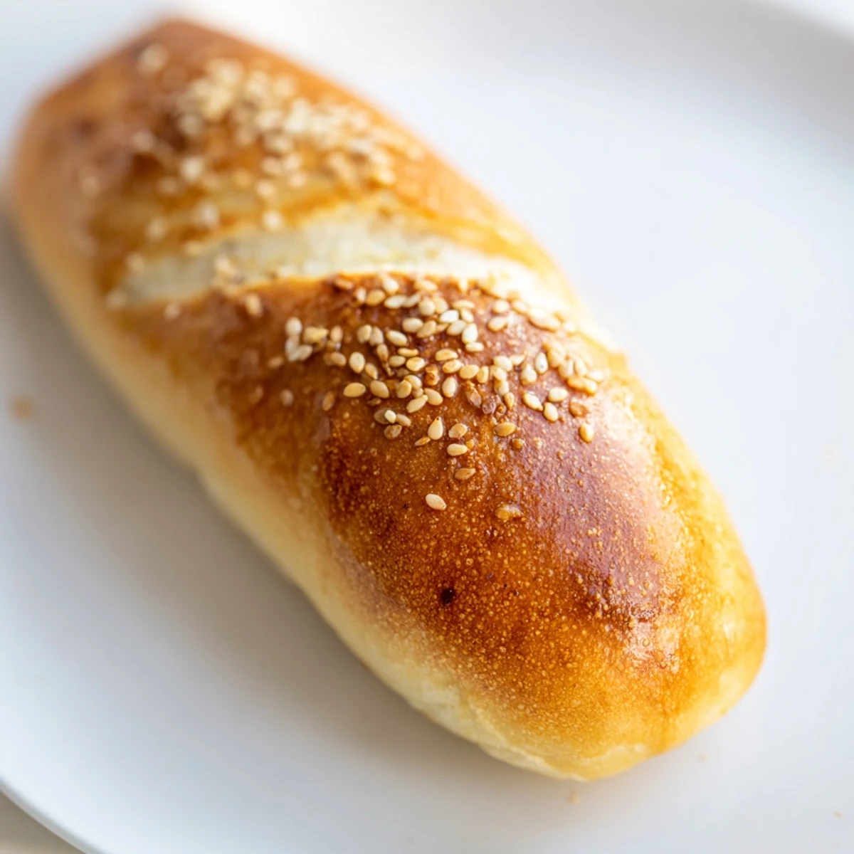 Golden sourdough discard hot dog buns fresh from the oven with sesame seed topping