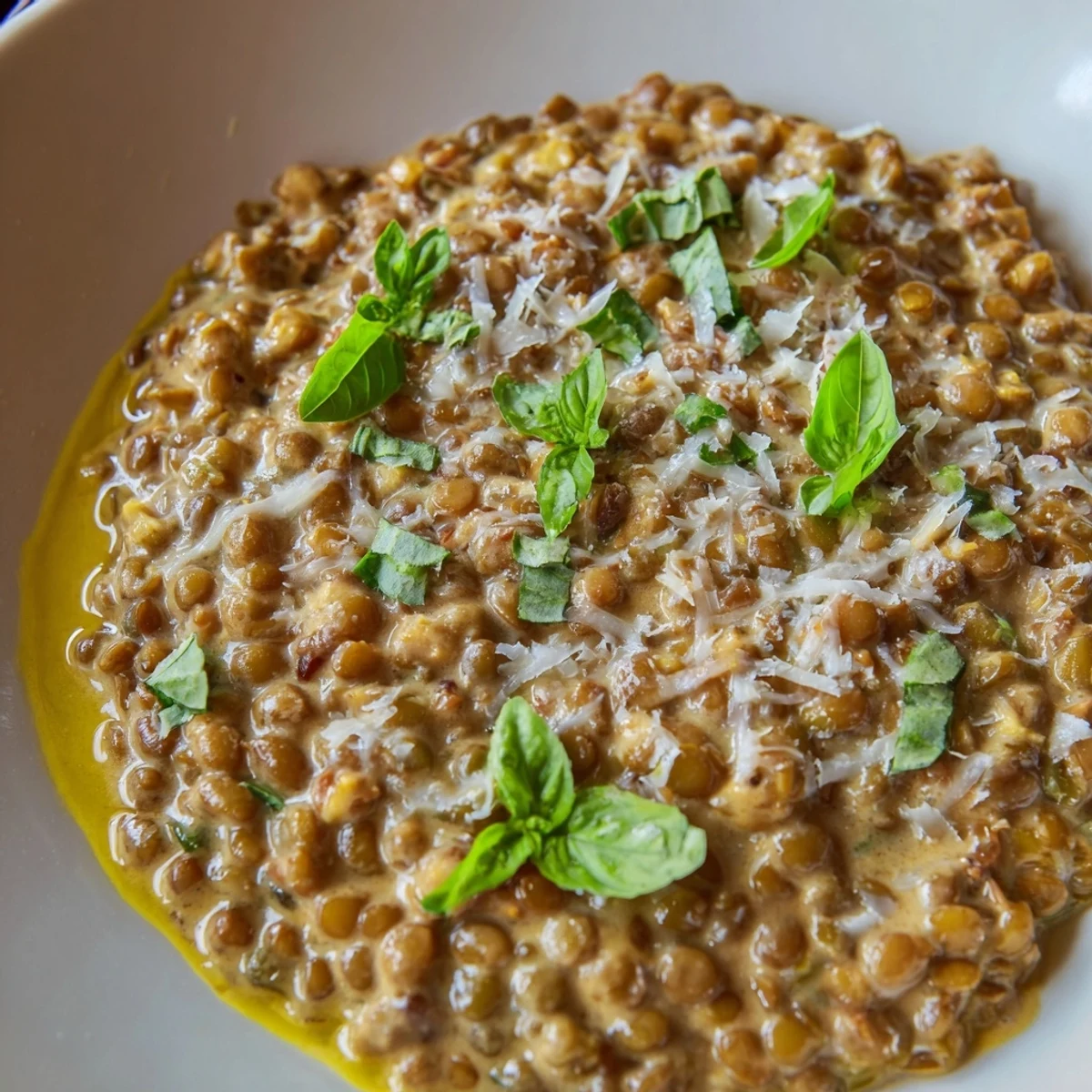 Creamy Marry Me Lentils in rich sun-dried tomato sauce topped with fresh basil garnish