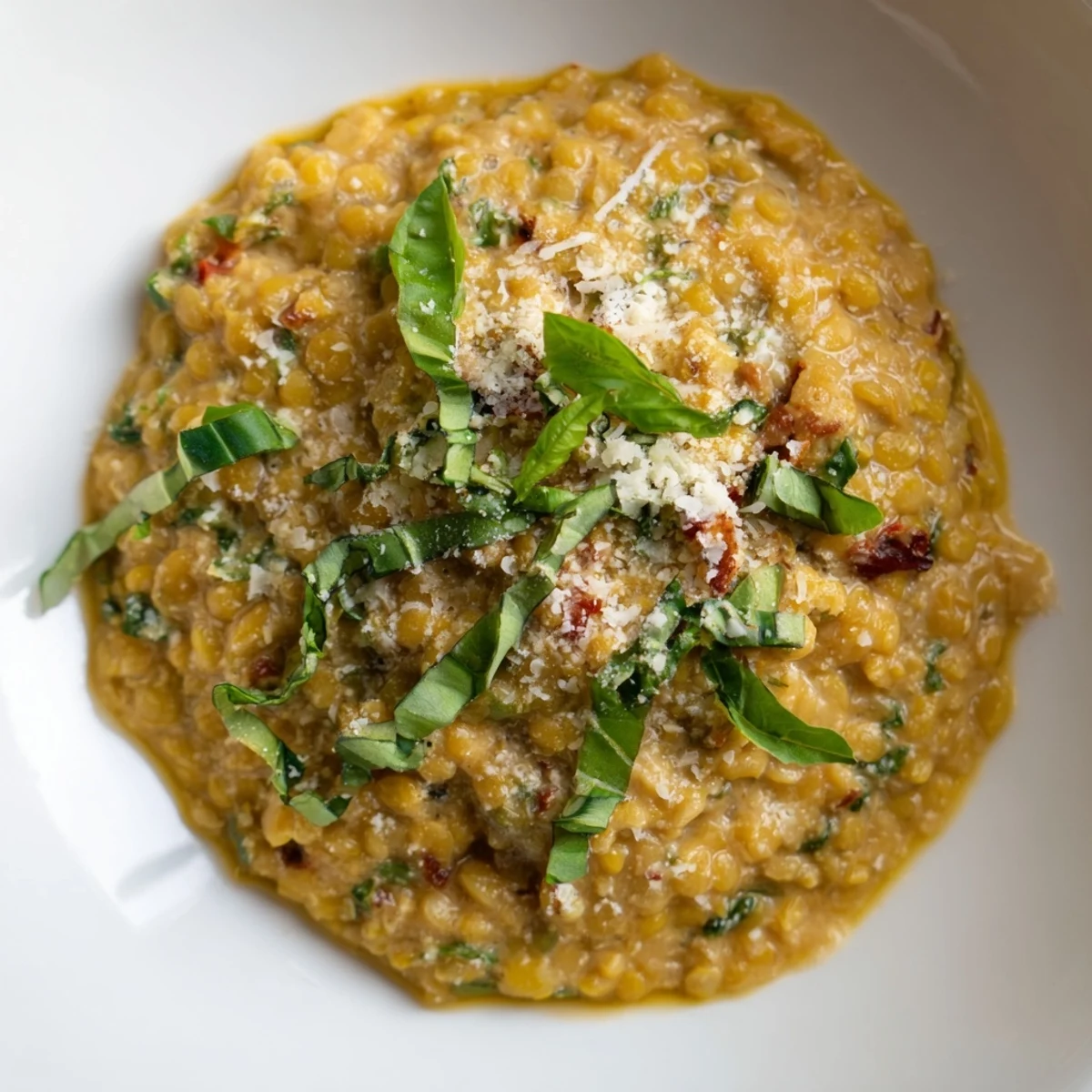 Warm bowl of Marry Me Lentils with velvety sauce and melted Parmesan cheese sprinkled on top