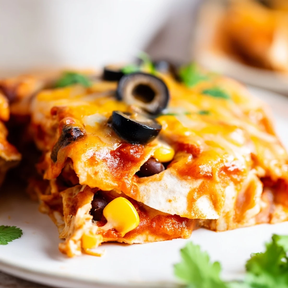 Golden bubbling Cheesy Shredded Chicken Enchilada Bake fresh from the oven with melted cheese