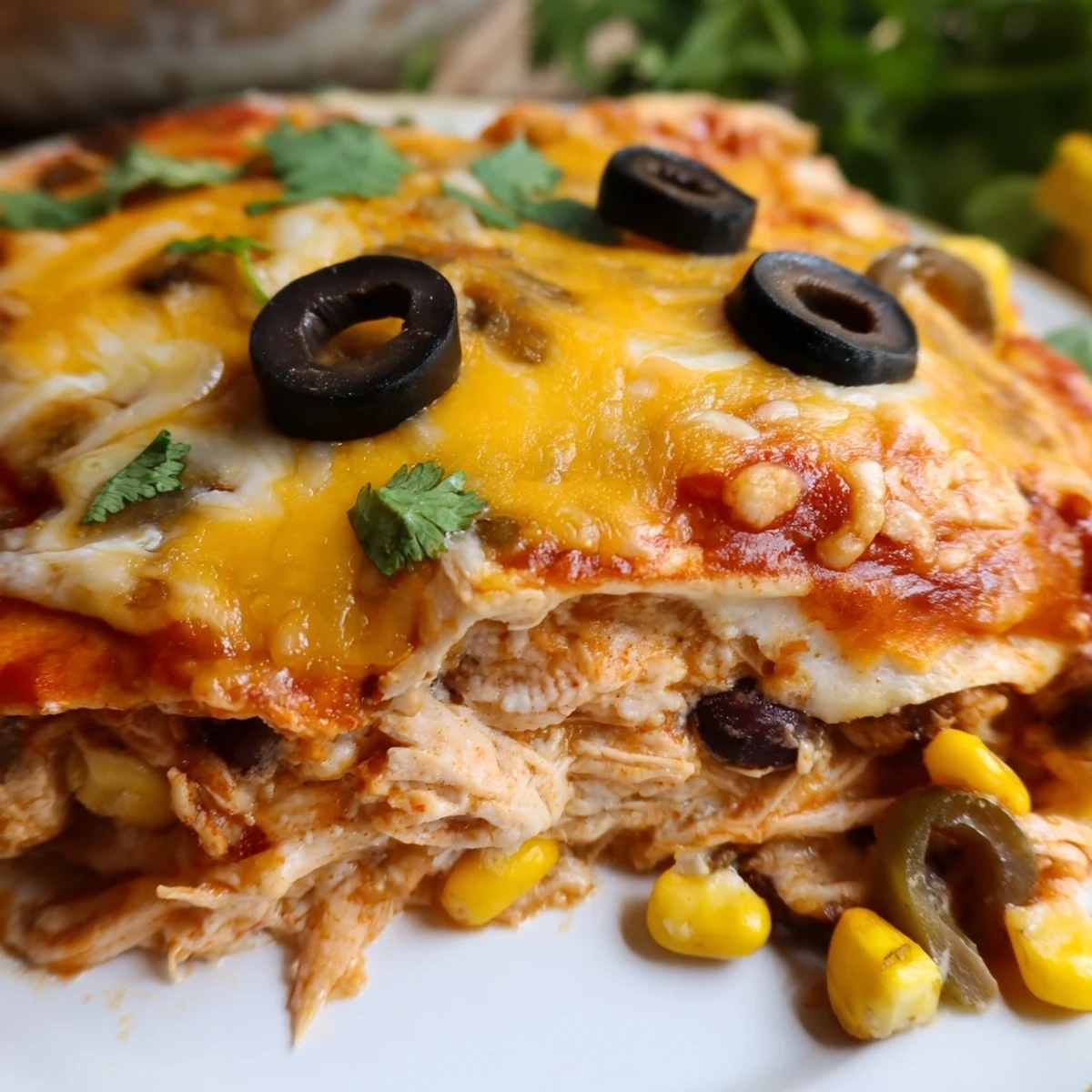 Cheesy Shredded Chicken Enchilada Bake layered with tender chicken, beans, and gooey melted cheese