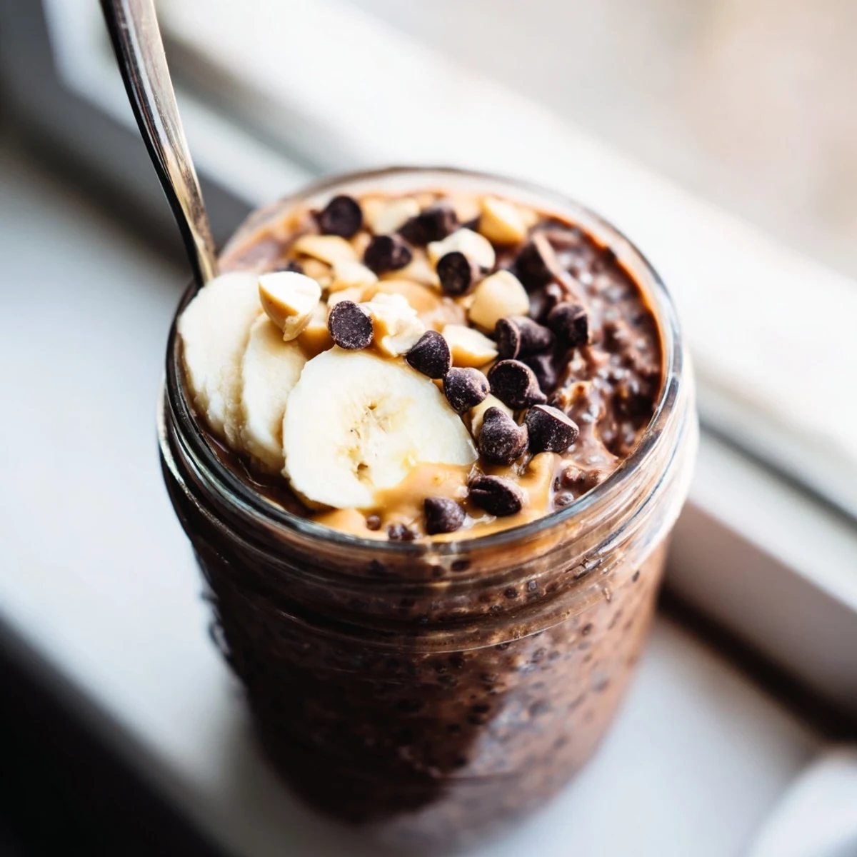 Creamy chocolate peanut butter overnight oats topped with chocolate chips and chopped peanuts in a glass jar