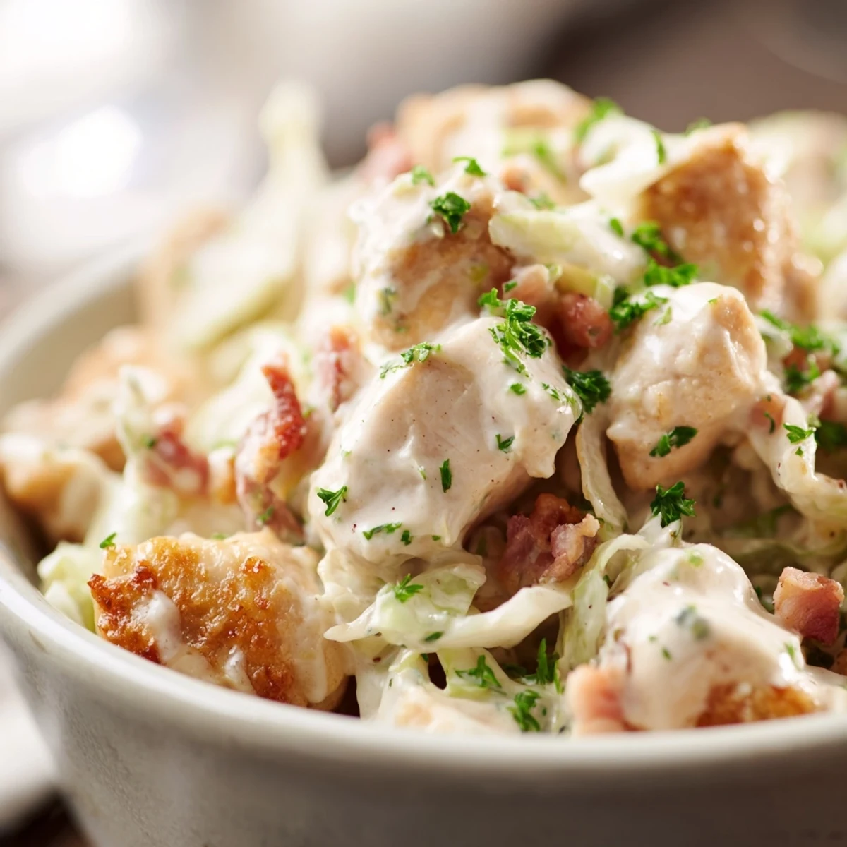 Creamy chicken bacon ranch cabbage bowls with tender meat and crispy bacon in white sauce