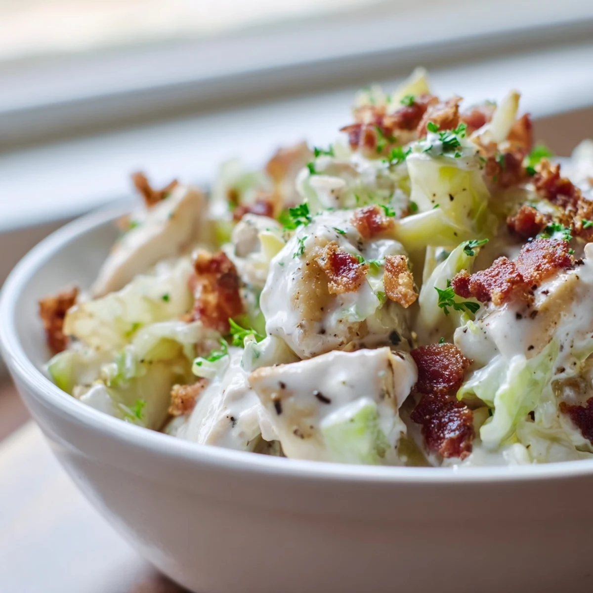 Golden skillet of chicken bacon ranch cabbage bowls topped with fresh parsley garnish