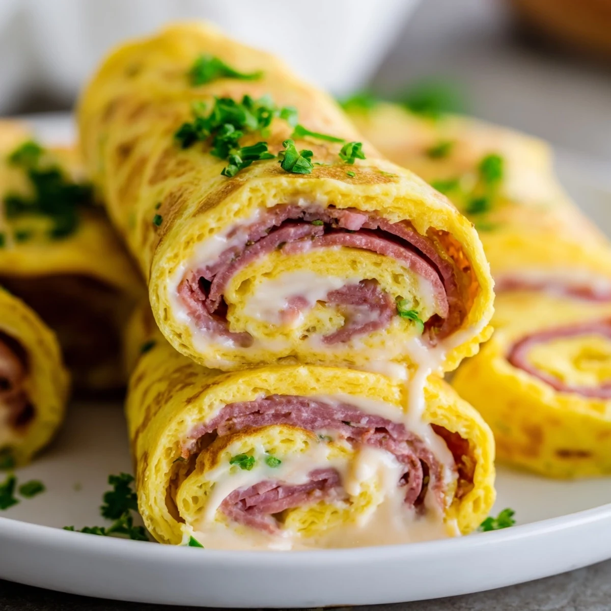 Golden low carb Reuben egg roll ups filled with corned beef and melted Swiss cheese