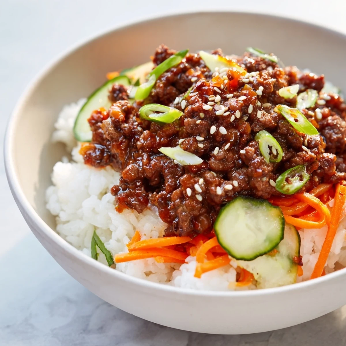 Savory Korean beef bowls with caramelized ground beef, fresh cucumber, carrots, and sesame seeds over fluffy white rice