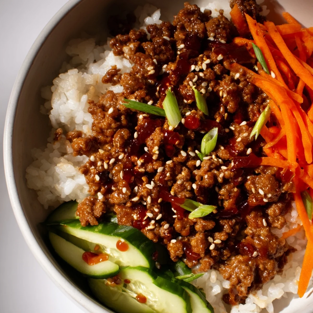 Korean beef bowls topped with crisp vegetables, scallions, and toasted sesame seeds on a bed of steamed jasmine rice
