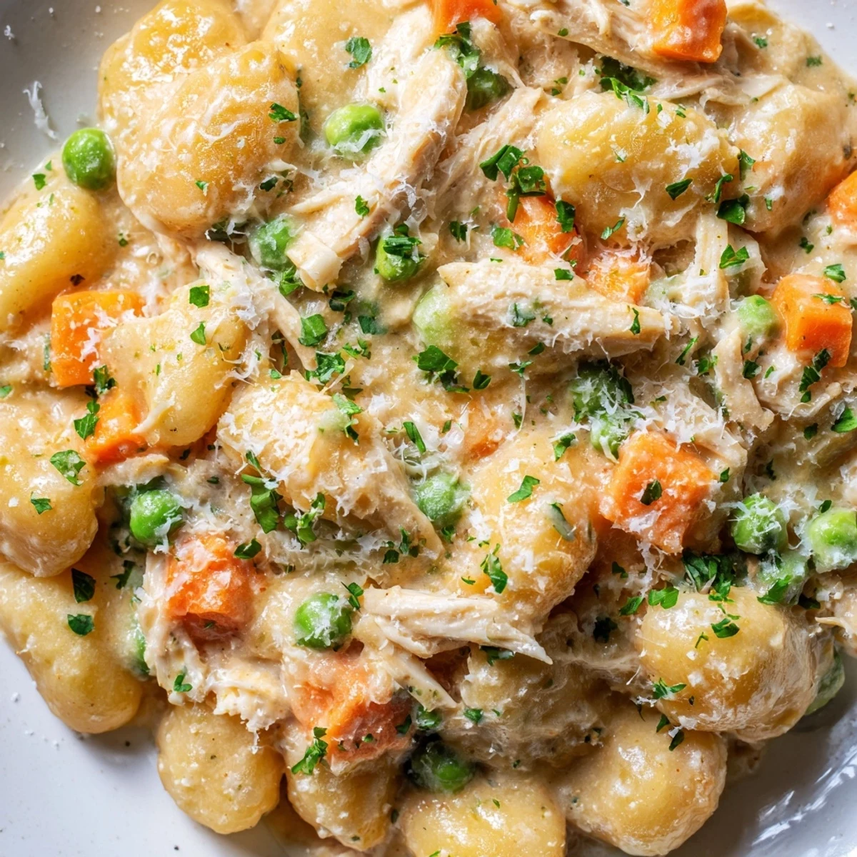 Creamy one pot gnocchi chicken pot pie with tender vegetables in golden savory sauce