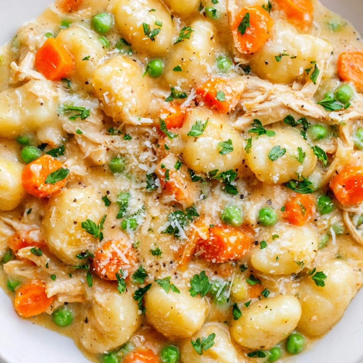 One pot gnocchi chicken pot pie topped with fresh parsley and melted Parmesan