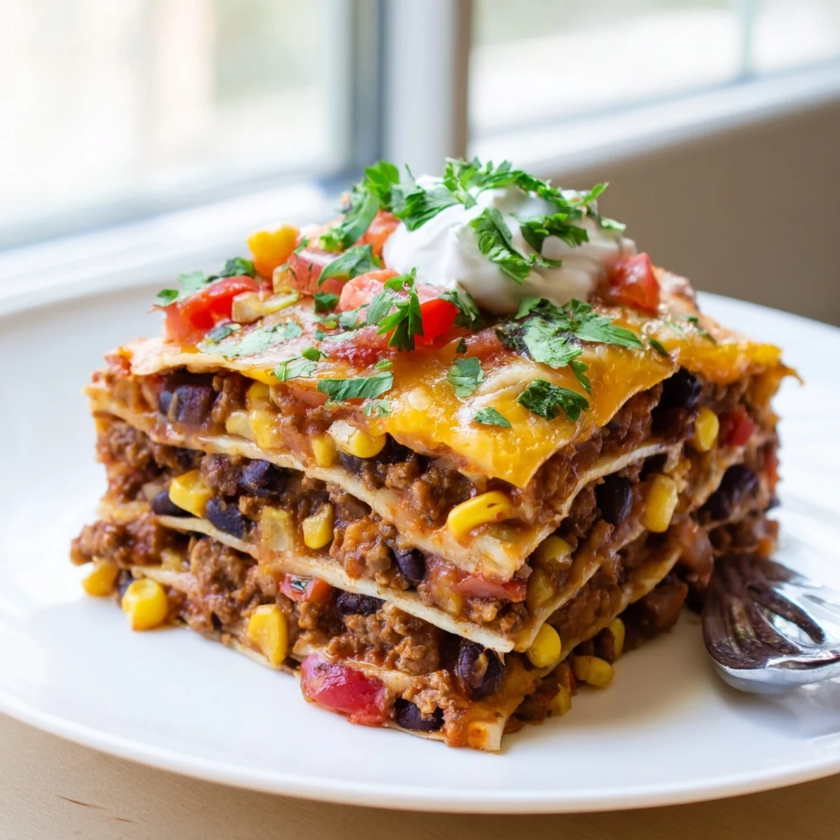 Golden melted cheese tops this hearty Mexican lasagna with layers of seasoned beef