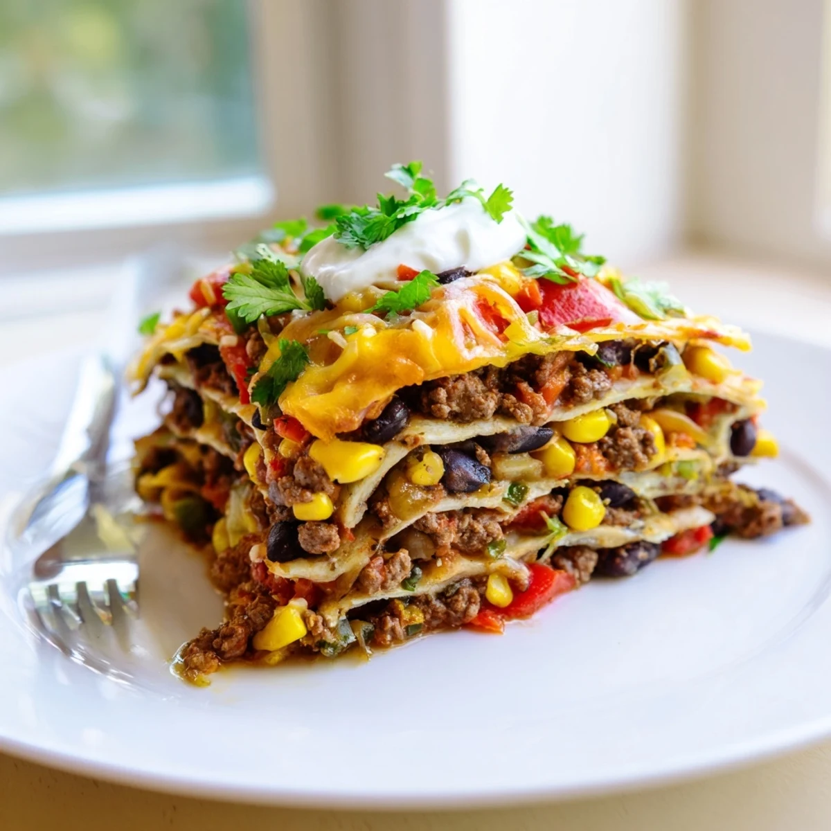 Mexican lasagna bubbling with zesty tomato sauce beans and melted cheddar cheese