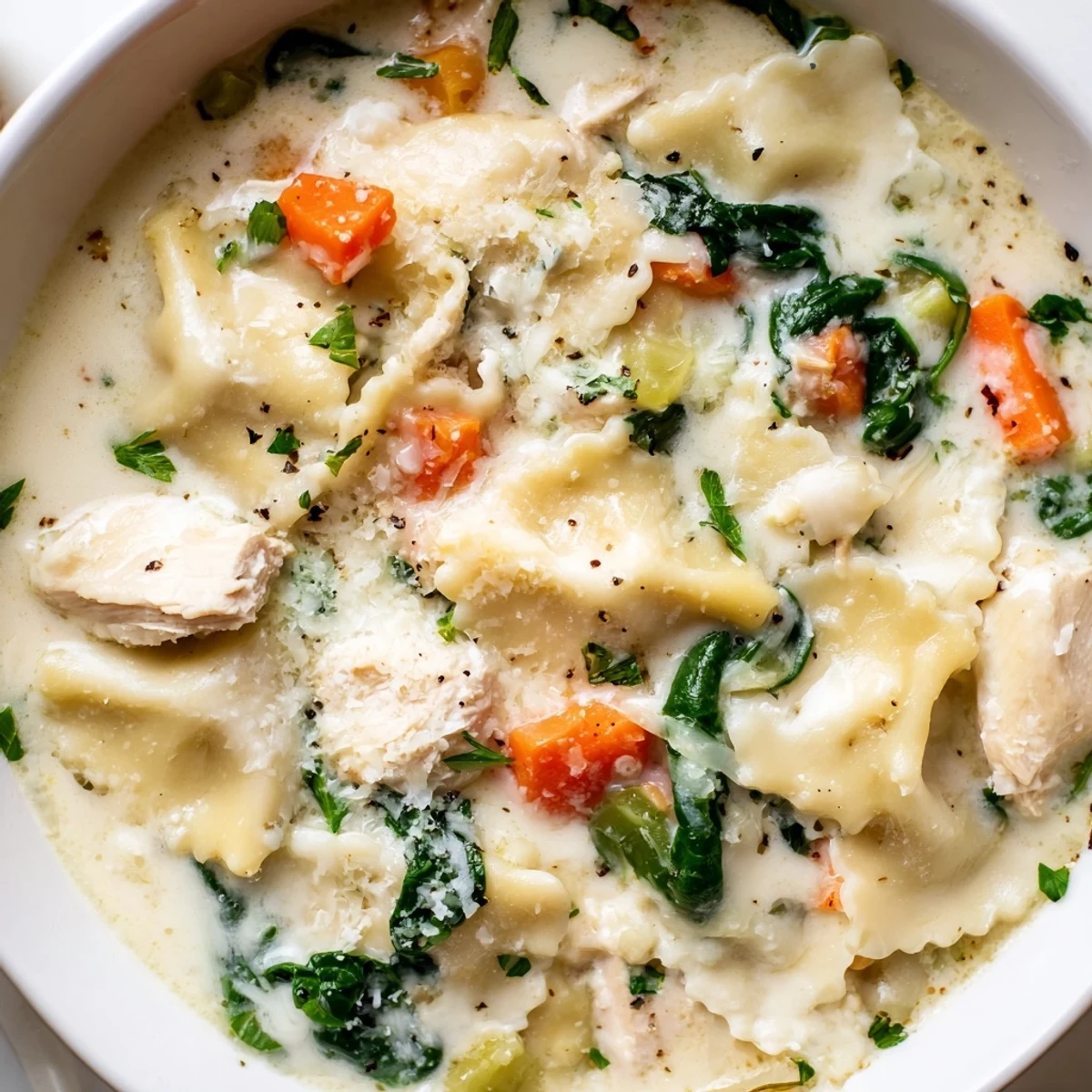 Creamy Italian white lasagna soup in a rustic bowl with melted cheese and tender noodles