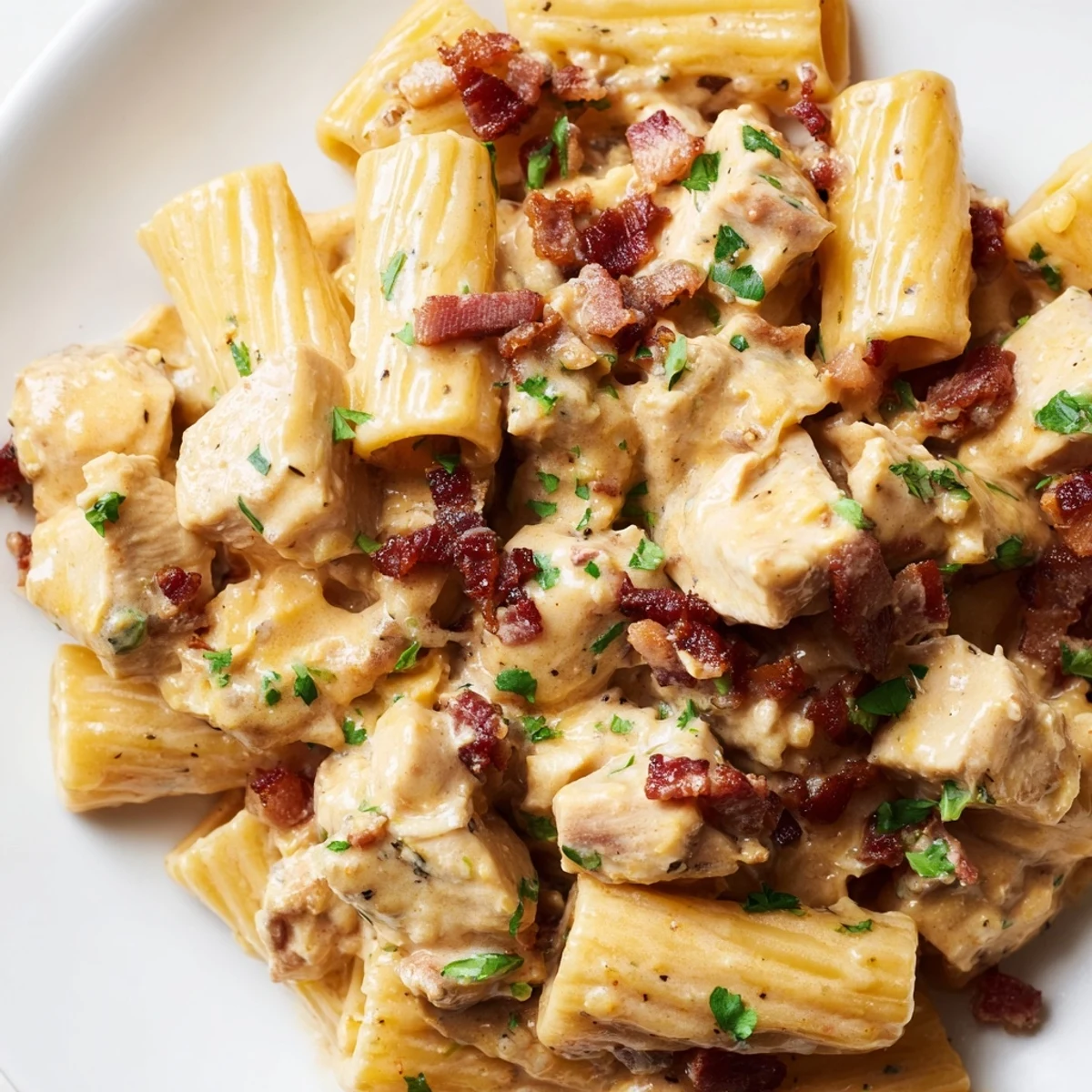 Creamy crack chicken pasta topped with crispy beef bacon and fresh green herbs