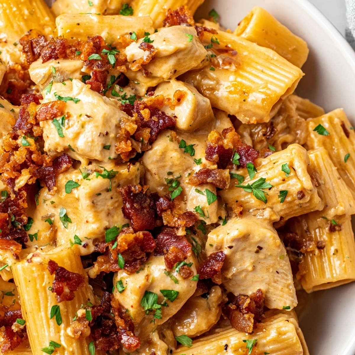 Golden tender chicken and smoky bacon coating penne pasta in a rich cheese sauce