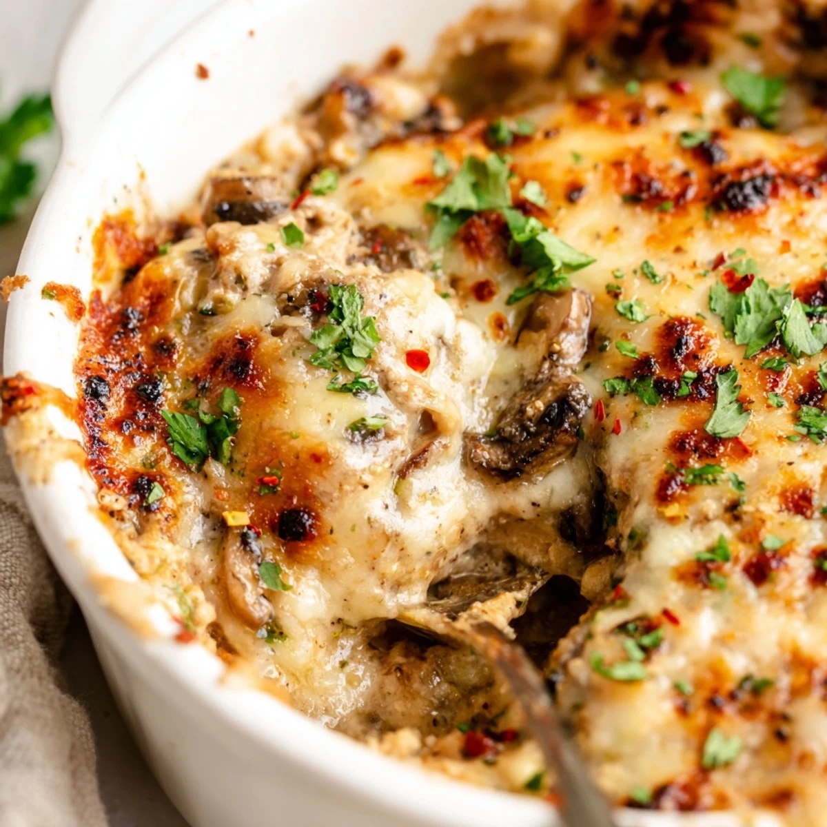 Creamy stuffed mushroom dip bubbling with melted cheese in a golden cast iron skillet