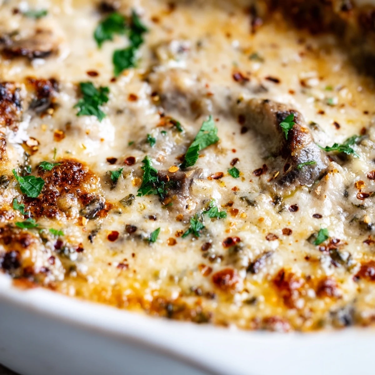 Warm stuffed mushroom dip served with crispy baguette slices and fresh vegetable crudités
