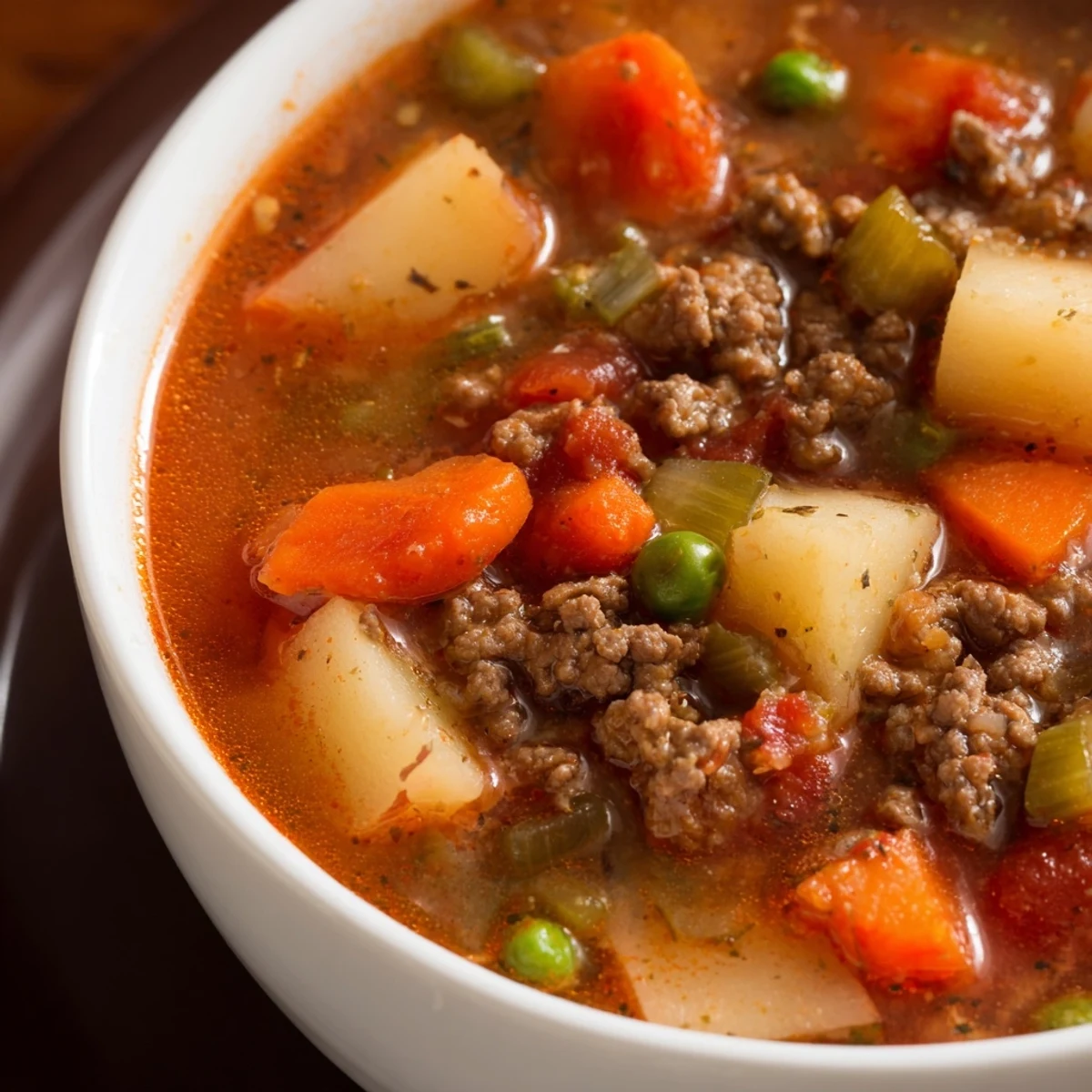 Steaming bowl of ground beef and potato soup with tender chunks and vibrant vegetables